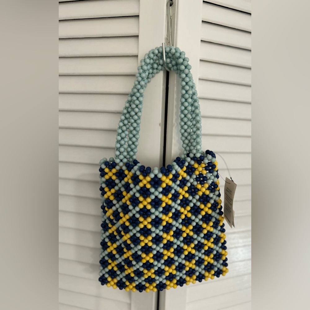 Lulu-NYC beaded gingham tote - fashion handbag- yellow and blue -approx 9”x9”
